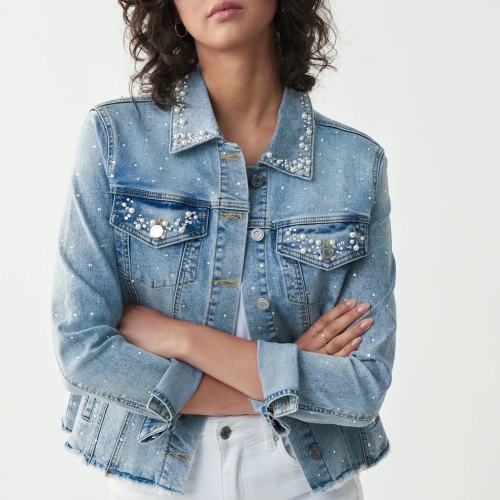 New With Tags- Joseph Ribkoff jean jacket with rhinestones and pearls.